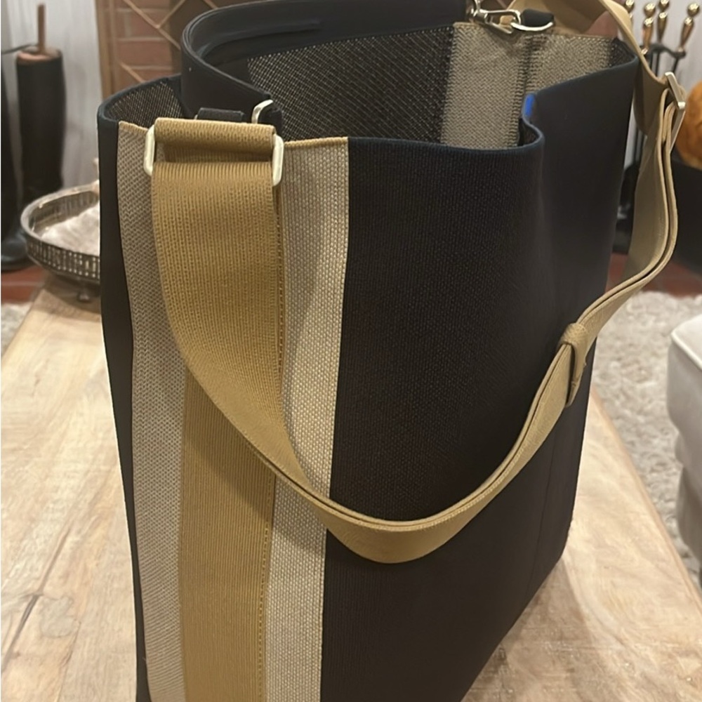 Rothy’s Striped Navy Tote with Tan & Cream Strap